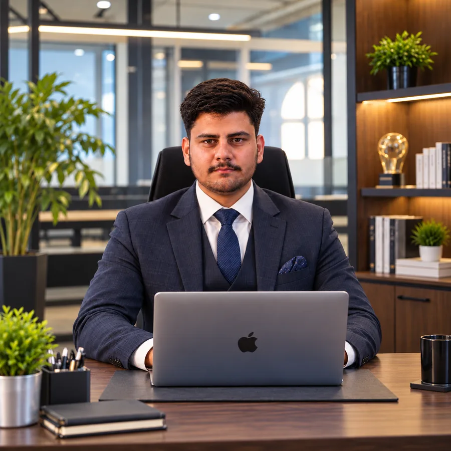 Azhar Rasheed, developer of PinMaker, sitting at his desk with a laptop